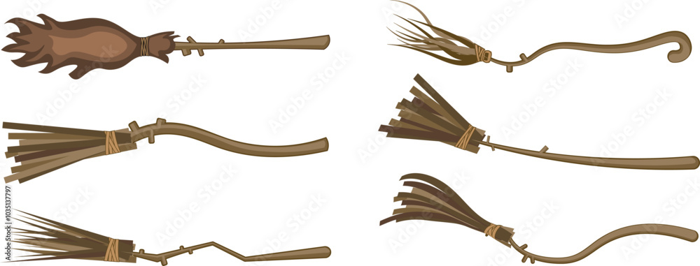 witch brooms collection, halloween ornament stock illustration witch brooms collection, halloween ornament stock illustration