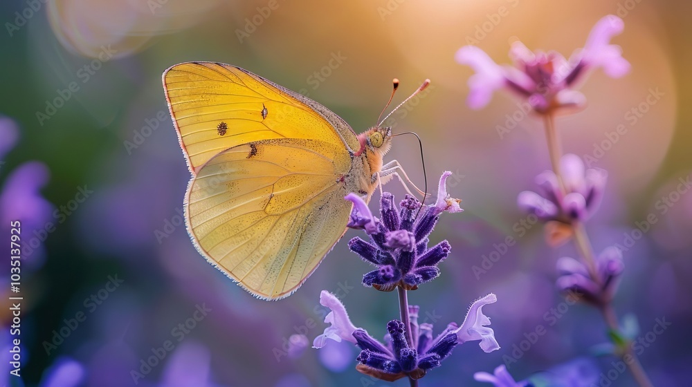 Naklejka premium Yellow Butterfly on Purple Lavender Flower in Garden