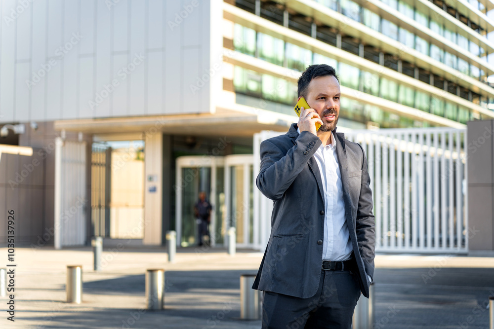 Portrait of a businessman over 40 years old outside the offices with the phone Portrait of a businessman over 40 years old outside the offices with the phone