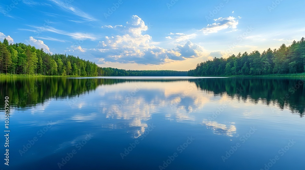 Fototapeta premium Tranquil Lake with Reflection of Clouds and Trees