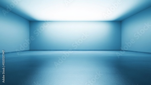 Empty blue room, futuristic light, minimalist interior, glowing walls, floor reflection, abstract space