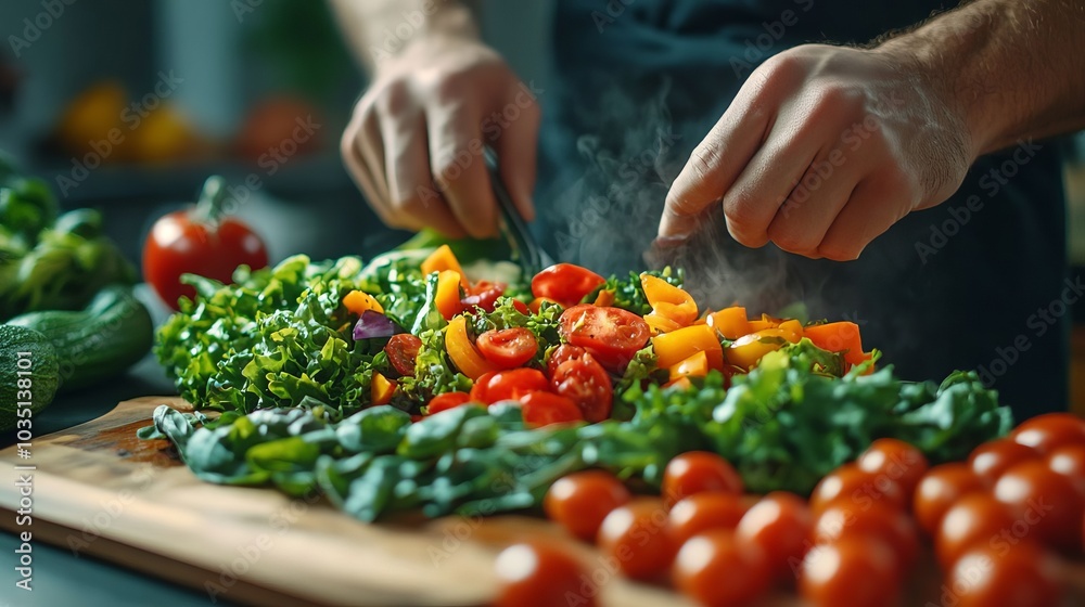 Fresh Salad Preparation with Chef Hands Healthy Food Kitchen Cooking Fresh Salad Preparation with Chef Hands Healthy Food Kitchen Cooking