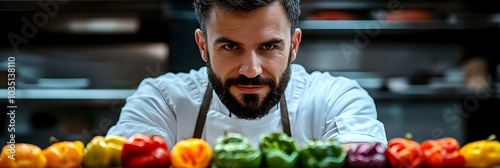 Confident Chef with Bell Peppers in Kitchen Culinary Expertise Restaurant Food Preparat photo