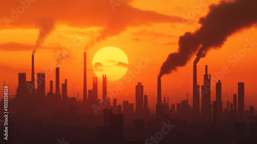 Industrial Sunset with Smoke Pollution