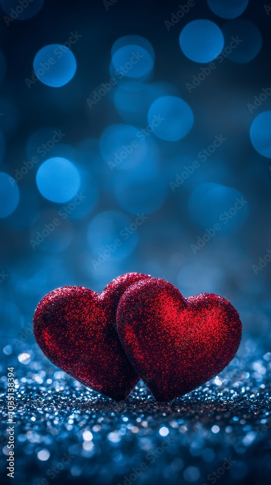 Fototapeta premium Two red hearts, glittery and shiny, with a bokeh background of blue lights