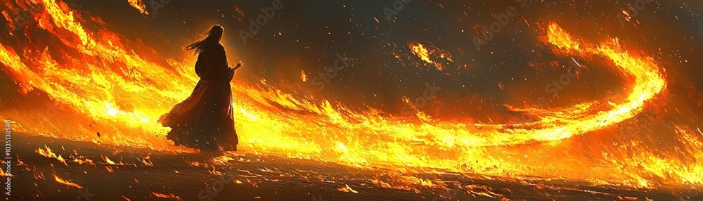 Woman Standing Amidst Fiery Landscape Woman Standing Amidst Fiery Landscape