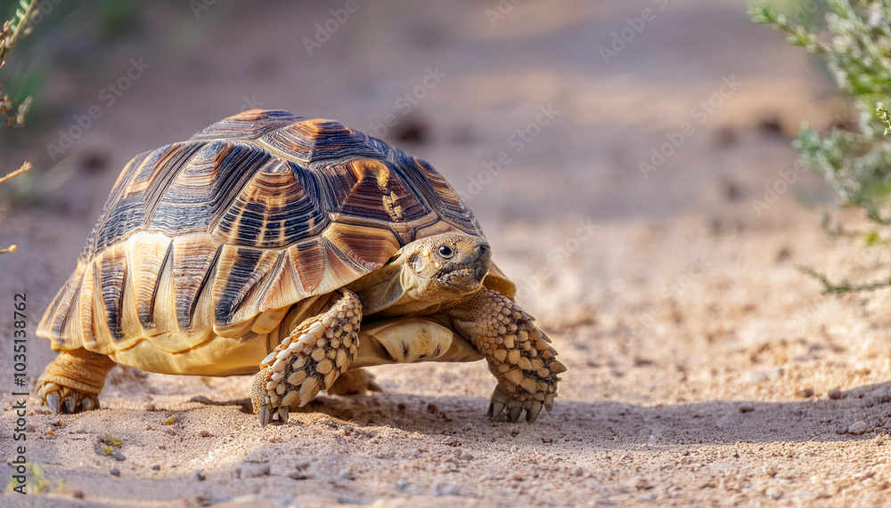 Leopard Tortoise Walking on a Sandy Path in the Afternoon Sun and Copy Space Leopard Tortoise Walking on a Sandy Path in the Afternoon Sun and Copy Space