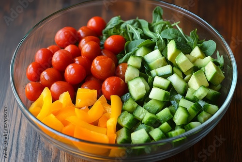 Fresh Salad with Tomatoes Cucumber Avocado Bell Pepper and Arugula