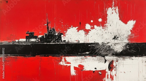 Abstract Ship Explosion Red White Black Painting Artwork