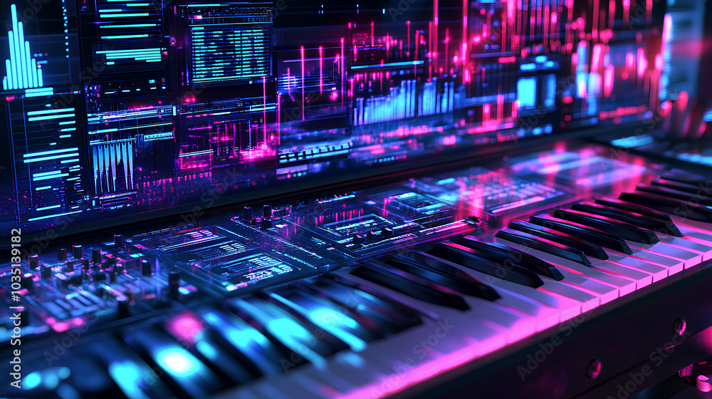 Digital 3D music studio with interactive holograms, 3D background music, advanced and innovative Digital 3D music studio with interactive holograms, 3D background music, advanced and innovative
