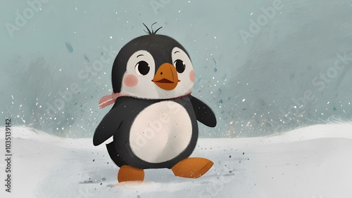
Cute Penguin Playing in the Snow on White Pastel Paper
