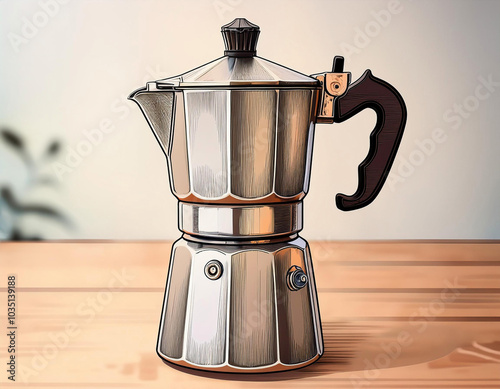 Detailed Illustration of a Classic Moka Pot for Coffee Brewing photo