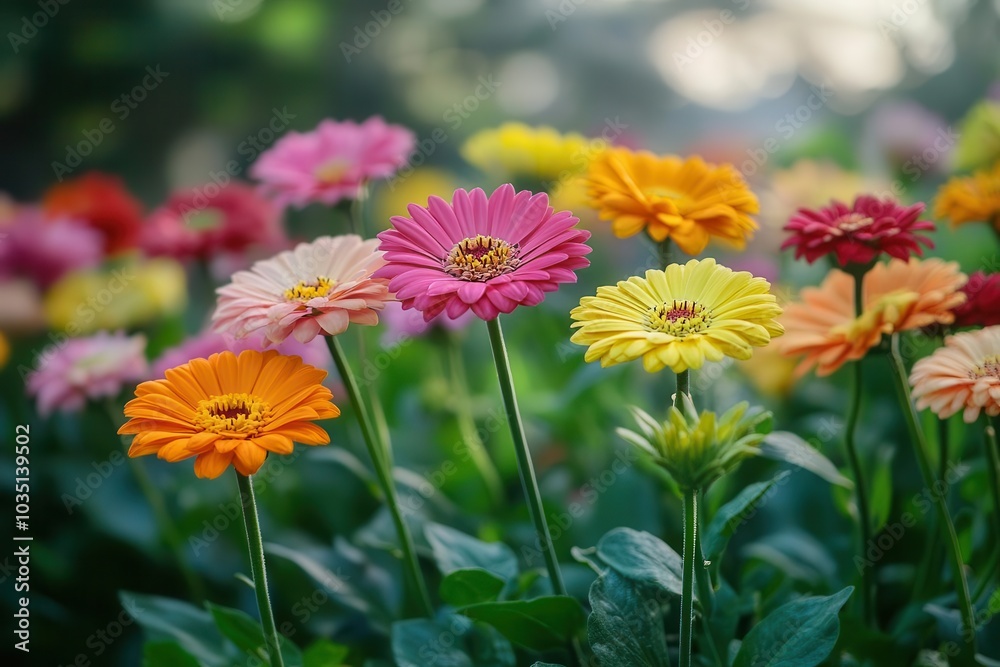 Brightly colored flowers blooming in a lush garden, vibrant lighting, ultrarealistic detail of petals and nature s beauty Brightly colored flowers blooming in a lush garden, vibrant lighting, ultrarealistic detail of petals and nature s beauty