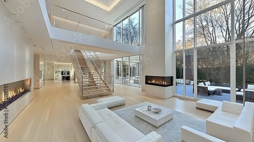 Obraz na płótnie Stunning minimalist open plan home interior design with clean architectural lines modern and minimalist furnishings and bright natural lighting flooding the space w salonie