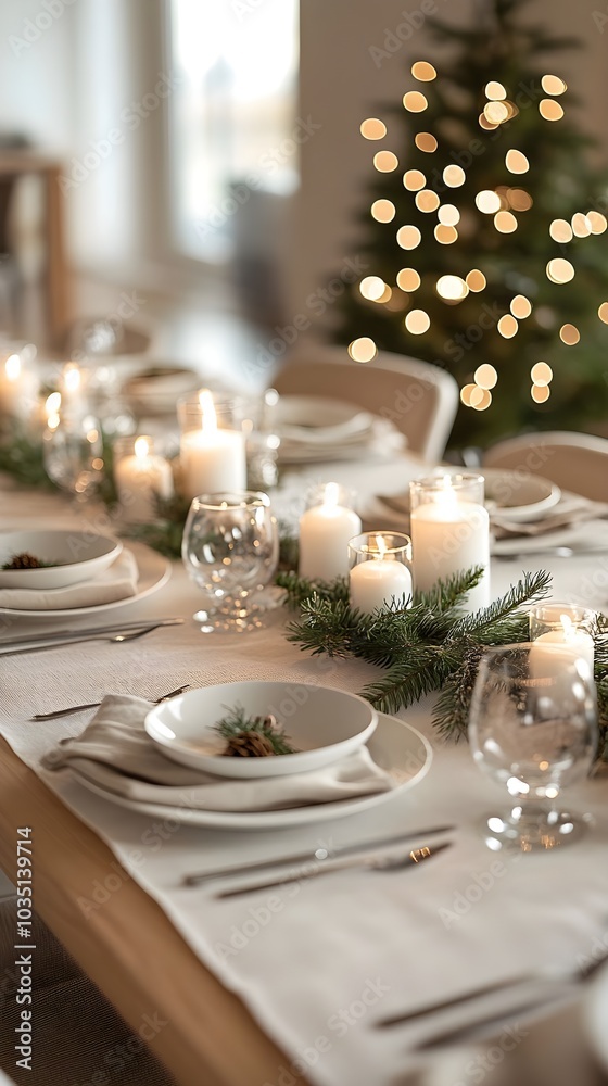 Festive Christmas Table Setting with Candles Pine Branches and White Plates Festive Christmas Table Setting with Candles Pine Branches and White Plates