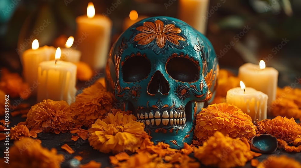 Day of the Dead Skull Decor with Marigolds and Candles Day of the Dead Skull Decor with Marigolds and Candles