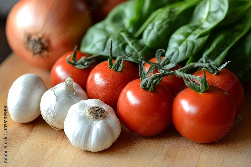 Fresh Tomatoes Garlic and Onion on Wooden Cutting Board Fresh Tomatoes Garlic and Onion on Wooden Cutting Board