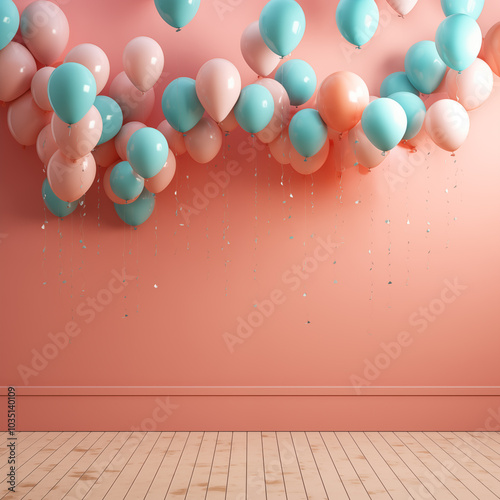 Bunch of old pink and light blue balloons for vintage party invite or retro birthday card
