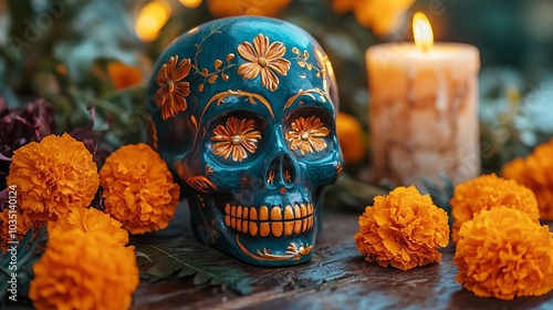 Day of the Dead Sugar Skull Marigolds and Candle on Wooden Table photo