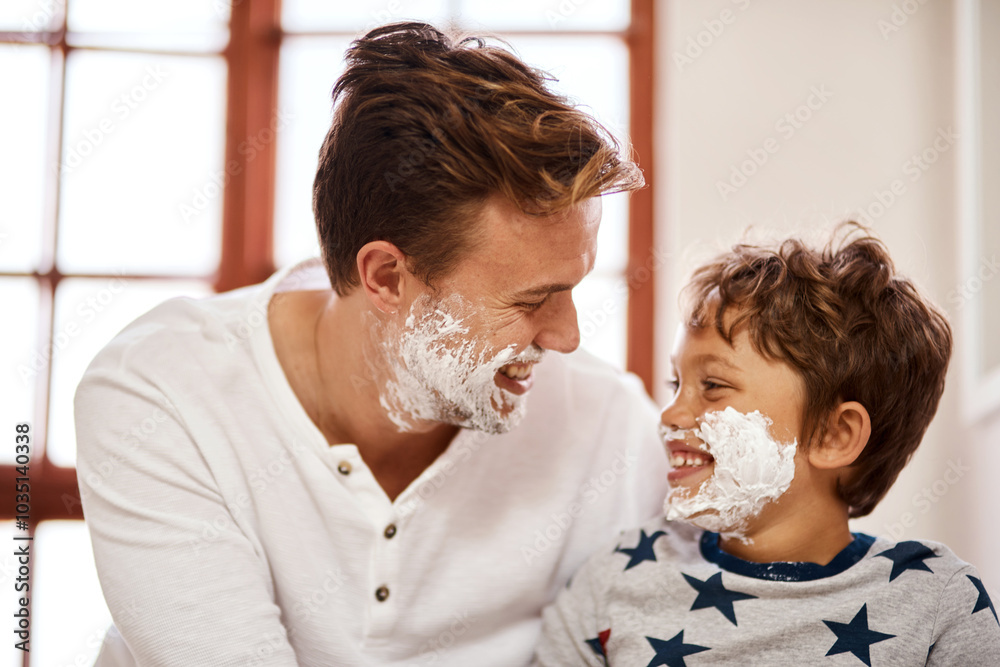 House, shaving cream and father with boy, smile and hygiene with habit, teaching and joyful. Bathroom, family and dad with son, happiness and learning with grooming routine with foam at home House, shaving cream and father with boy, smile and hygiene with habit, teaching and joyful. Bathroom, family and dad with son, happiness and learning with grooming routine with foam at home
