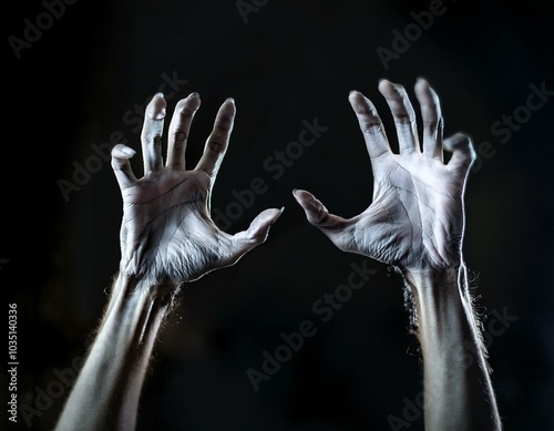 Closeup view of two female old scary mystic hands with long black nails on fingers of witch zomby demon or devil on halloween holiday character in studio indoor on dark background, square picture photo