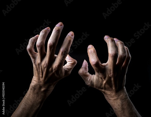 Closeup view of two female old scary mystic hands with long black nails on fingers of witch zomby demon or devil on halloween holiday character in studio indoor on dark background, square picture photo