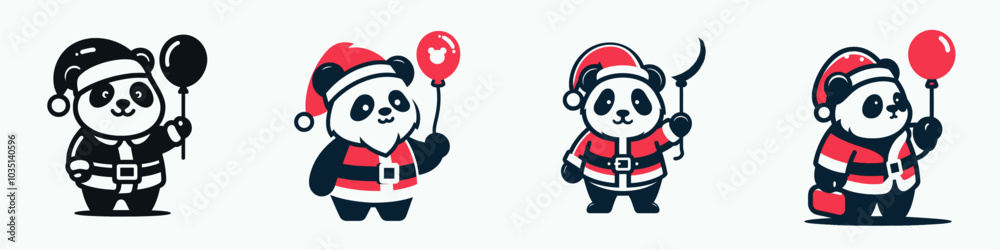 Four festive pandas dressed in Santa outfits hold balloons, celebrating the holiday season with joy and cheer. Four festive pandas dressed in Santa outfits hold balloons, celebrating the holiday season with joy and cheer.