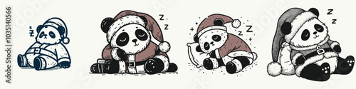 A playful illustration of sleeping pandas wearing festive hats, conveying a cozy and cheerful holiday spirit.
