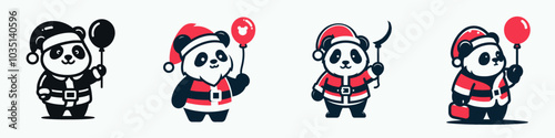 Four festive pandas dressed in Santa outfits hold balloons, celebrating the holiday season with joy and cheer.