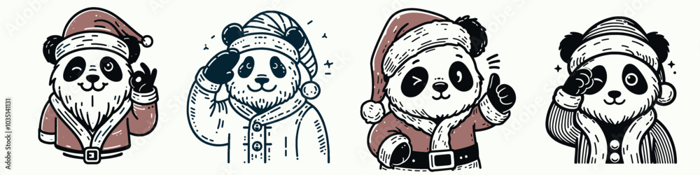 Obraz premium Four cute panda illustrations in festive attire, portraying different poses and expressions, evoking a playful and holiday spirit.