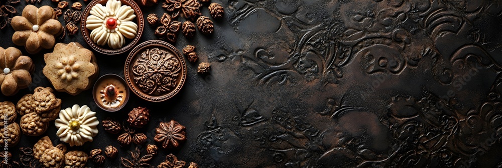 Naklejka premium Chocolate Cookies Brown Background Floral Design Food Photography