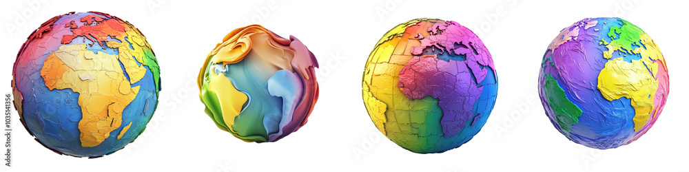 Vibrant and imaginative globe designs in a rainbow of colors representing the diverse cultures landscapes and interconnectedness of our shared planet Earth Vibrant and imaginative globe designs in a rainbow of colors representing the diverse cultures landscapes and interconnectedness of our shared planet Earth