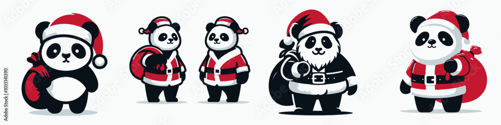 Festive pandas dressed in Santa outfits, ready for Christmas celebrations with bags and cheerful expressions. Festive pandas dressed in Santa outfits, ready for Christmas celebrations with bags and cheerful expressions.