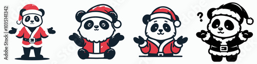 Four cute panda characters dressed in Santa outfits, showcasing festive and humorous expressions for the holiday season.