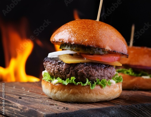 Grilled cheeseburger fast food, american delicious burger snack photo