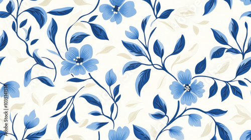 Seamless floral pattern with blue flowers and leaves on white background