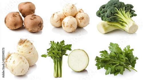 Fresh Celery Parsley Broccoli and Turnip Root Vegetables