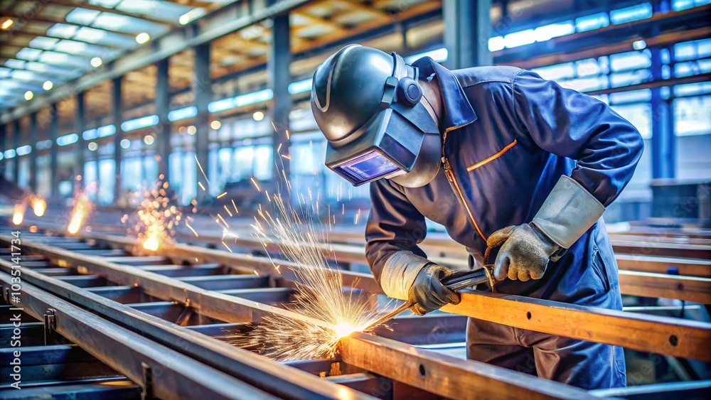 Worker wearing protective gear while welding metal beams in an industrial setting Worker wearing protective gear while welding metal beams in an industrial setting