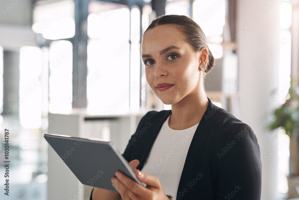 Business, woman and portrait with tablet in office for investment, update and online finance news. Financial, company and investor with technology for budget report, information and portfolio review Business, woman and portrait with tablet in office for investment, update and online finance news. Financial, company and investor with technology for budget report, information and portfolio review