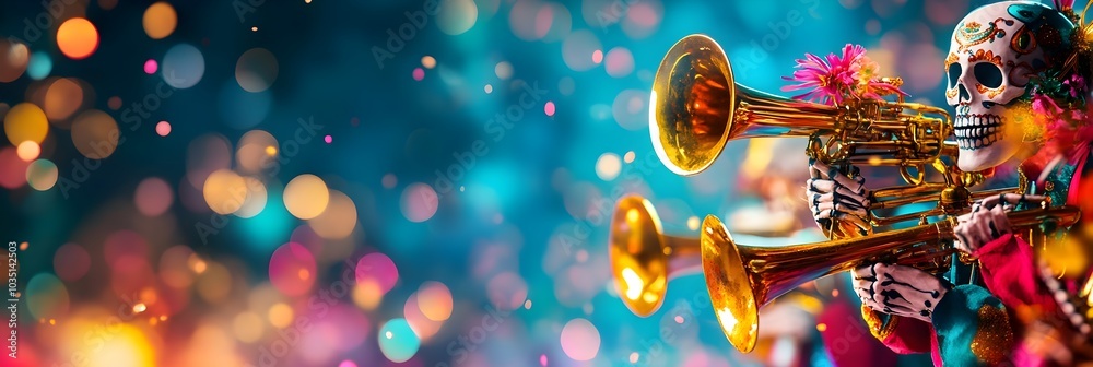 Fototapeta premium Day of the Dead Celebration with Skeleton Musician Playing Trumpet