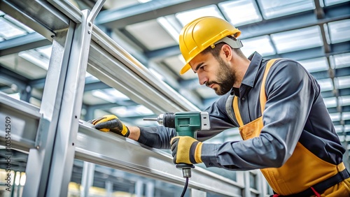 Industrial scene with an electric screwdriver fixing metal parts, capturing precision