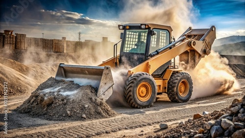 Heavy machinery in action, moving gravel on a construction project
