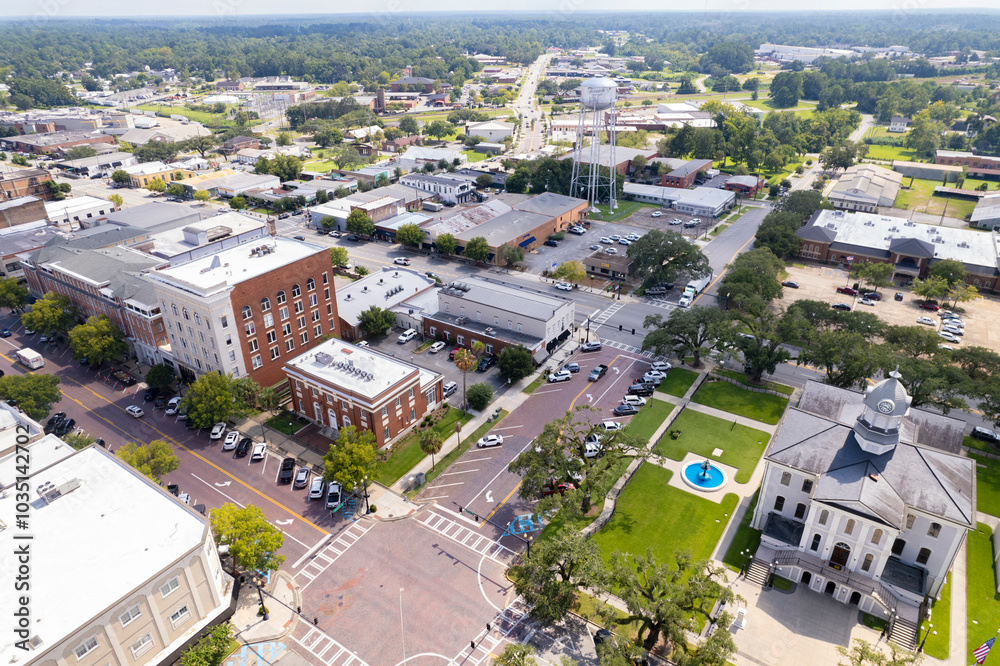 Aerial view of historic downtown Thomasville with buildings, streets, trees, and a park, Thomasville, United States. Aerial view of historic downtown Thomasville with buildings, streets, trees, and a park, Thomasville, United States.