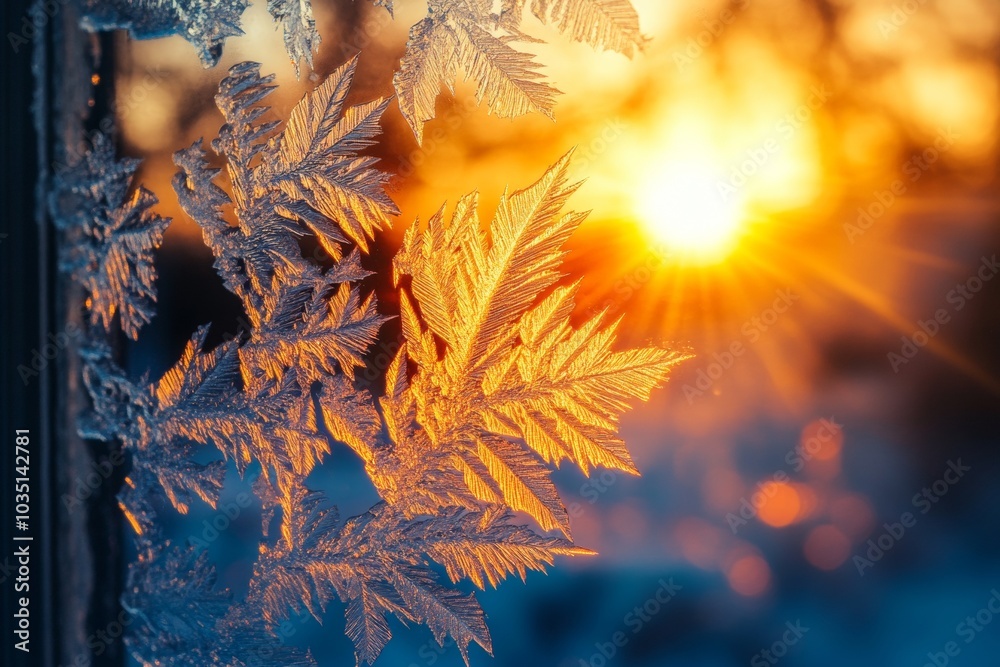 Frosted leaves sparkle as the sun rises over a winter landscape, casting warm light on a chilly morning Frosted leaves sparkle as the sun rises over a winter landscape, casting warm light on a chilly morning
