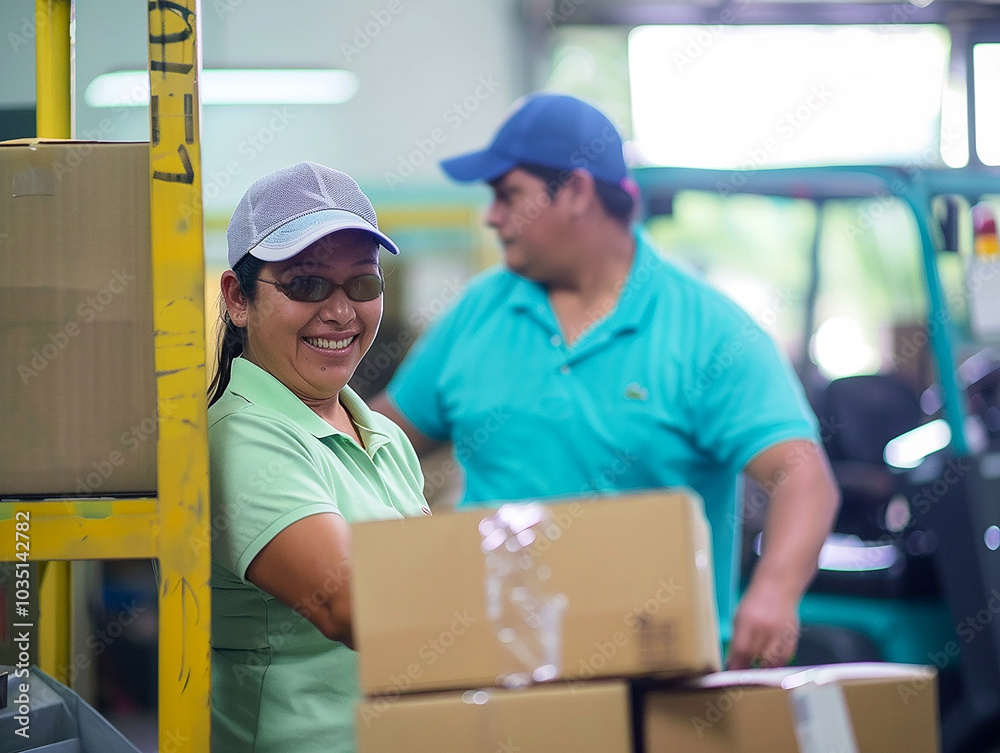 a hard working mexican woman smiling and working in a warehouse a hard working mexican woman smiling and working in a warehouse