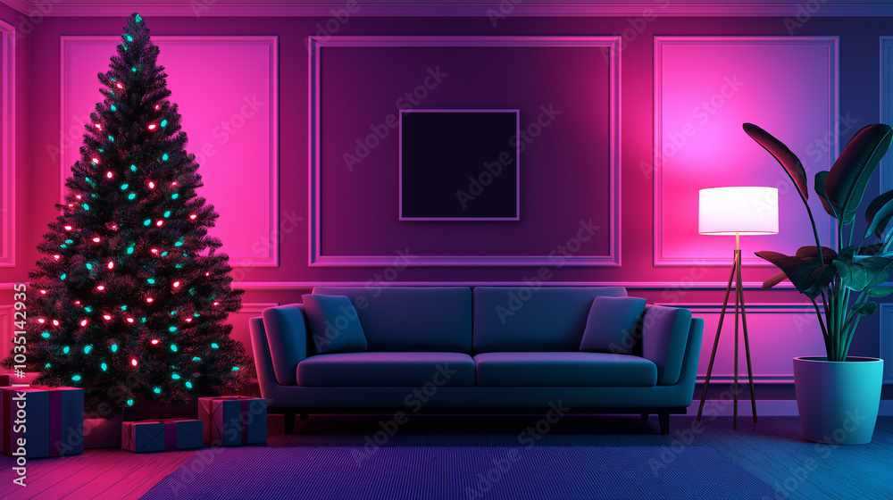 Christmas Tree in a Modern Living Room with Pink and Blue Neon Lights Christmas Tree in a Modern Living Room with Pink and Blue Neon Lights