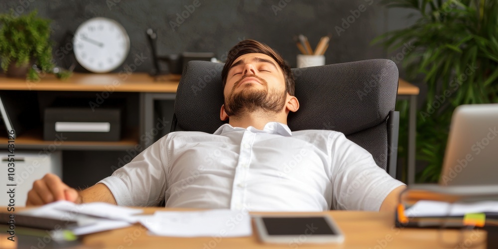 A man relaxes in an office chair, leaning back with eyes closed, surrounded by a desk, clock, and plants, suggesting a moment of respite from work. A man relaxes in an office chair, leaning back with eyes closed, surrounded by a desk, clock, and plants, suggesting a moment of respite from work.