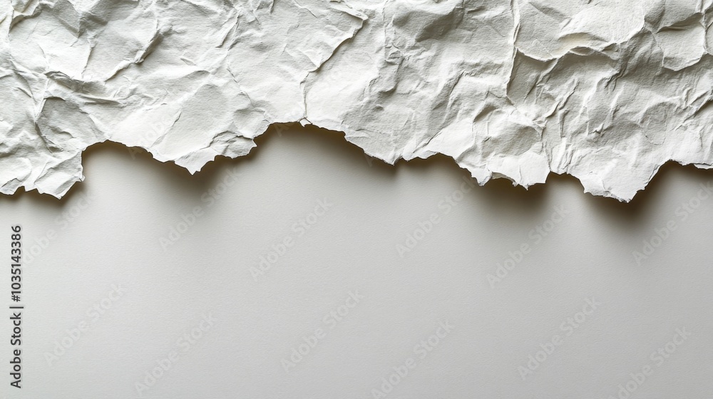 A crinkled piece of white paper lies on a smooth, light-colored surface. The torn edges of the paper create an abstract design, enhancing its minimalist aesthetic. A crinkled piece of white paper lies on a smooth, light-colored surface. The torn edges of the paper create an abstract design, enhancing its minimalist aesthetic.