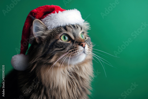 A fluffy cat in a Santa hat poses against a bright green backdrop for the holidays