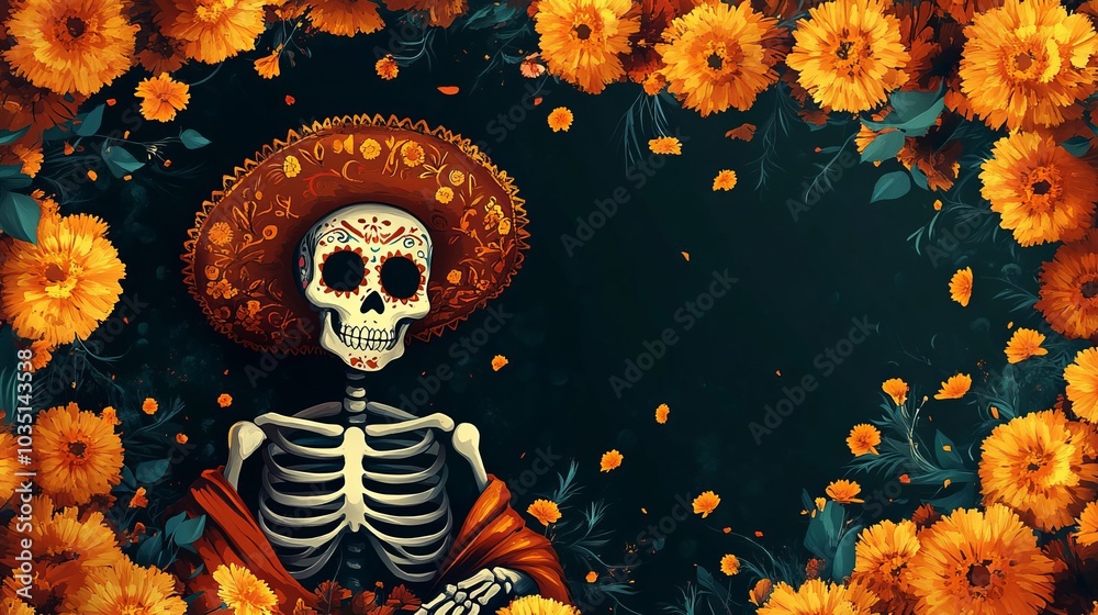 Day of the Dead Skull with Floral Border Mexican Holiday Illustration Day of the Dead Skull with Floral Border Mexican Holiday Illustration